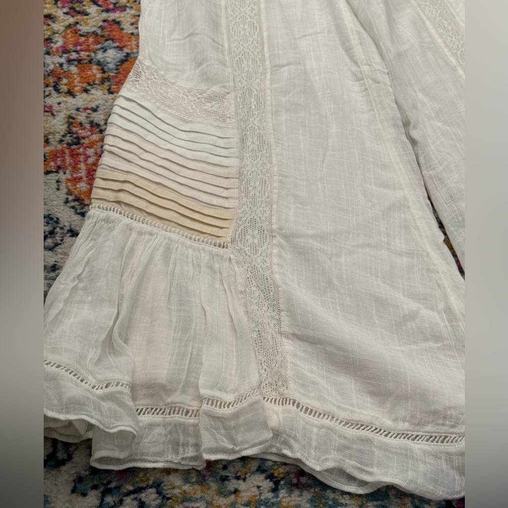 Free People White Wide-Leg Boho Pants with Pintuck & Lace - Picture 6 of 8